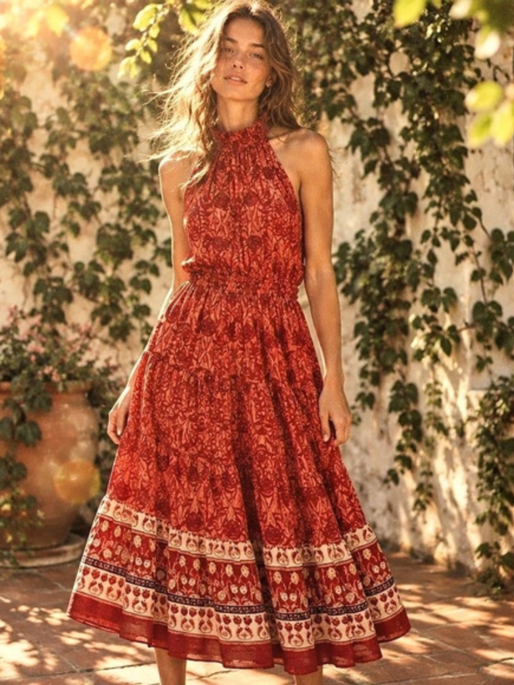 Taylor Floral Halter Midi Dress in Red & White Size 10 Like New
